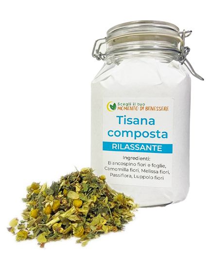 Tisana rilassante biancospino, Camomilla, Melissa, Passiflora, Luppolo infuso per stress mentale insonnia 100g 50g
