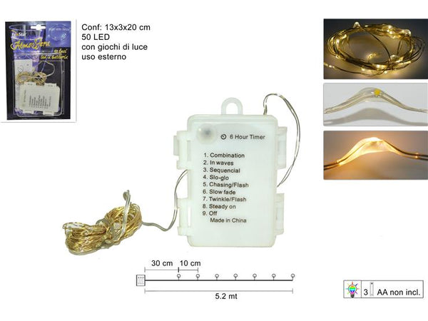 Filo 50 Luci Led 8 Giochi di Luci Bianco Caldo