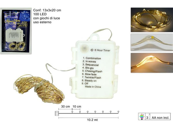 Filo 100 Luci Led 8 Giochi Luci Bianco Caldo