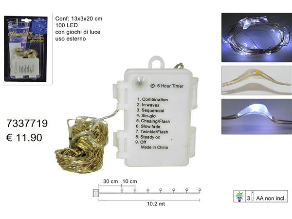 Filo 100 Luci Led 8 Giochi di Luci Bianco Freddo