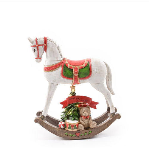 Statuetta Cavallo a dondolo effetto legno con colori natalizi in resina