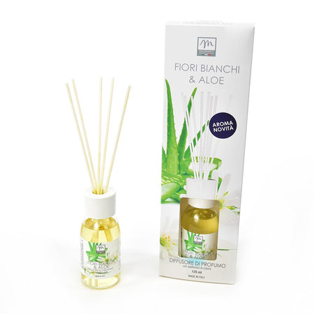 Diffusore di Essenza con Bacchetti in Cotone 125ml Aloe &amp; Fiori Bianchi