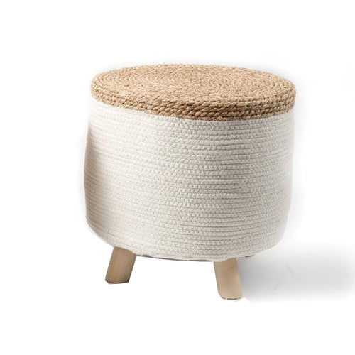 Pouf tondi con seduta in corda e piedini in legno per arredamento moderno