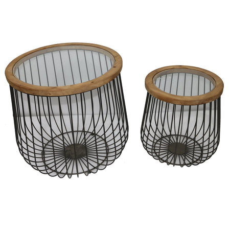 Tavolini in legno e vetro per arredamento interno ed esterno, set da 2