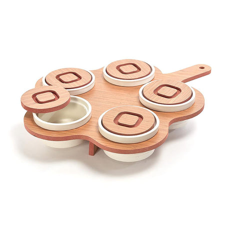 Antipastiera 5 Ciotole Ceramica Bianca con Vassoio in Legno