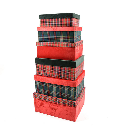 Set di 6 scatole rettangolari portaoggetti Tartan in carta, con velluto e decorazione natalizia