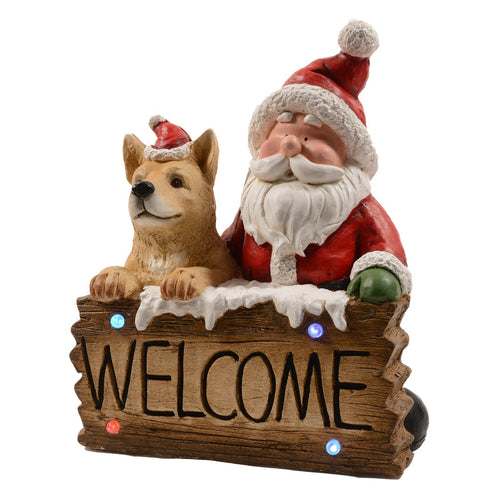 Babbo Natale con cane in poliresina con luci e musica decorazione natalizia
