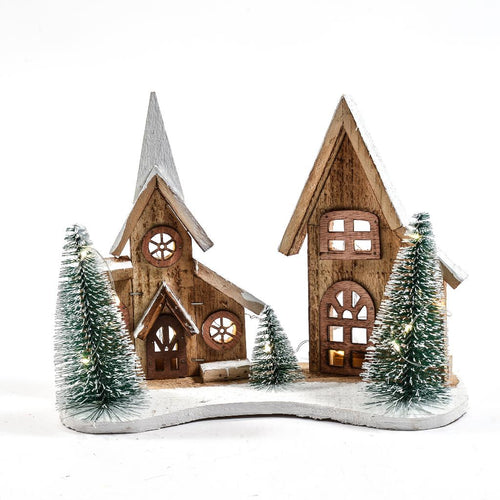 Paesaggio Natalizio in Legno con Alberi e Luci 30x12x24cm