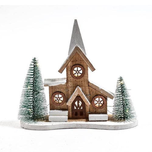 Paesaggio Natalizio Legno con Alberi e Luci 26x7x23cm