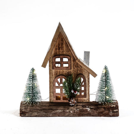 Paesaggio Natalizio Legno con Alberi e Luci 26x6x25cm