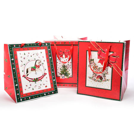 Sacchetto per confezioni regalo natalizie decorato con alberi e cavalli da 31 cm