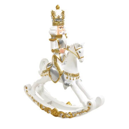 Statuetta Soldatino con cavallo a dondolo, in poliresina bianco e oro h 42 cm