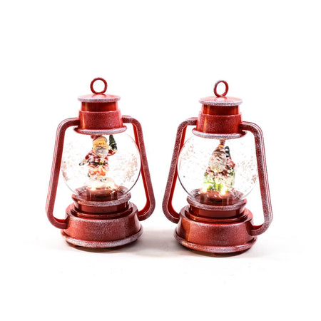 Lanterna natalizia rossa innevata con luci e musica per decorazioni natalizie