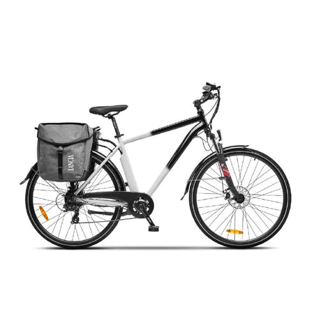 Lancia estro (ln-bi-220002) city e-bike (nero/bianca) - bicicletta elettrica - ruote 28x1.50 - motore bafang 250w 36v - batteria 36v 10.4ah - telaio in alluminio - forcella ammortizzata - autonomia fino ad 70km - borse laterali posteriori incluse - LANLN