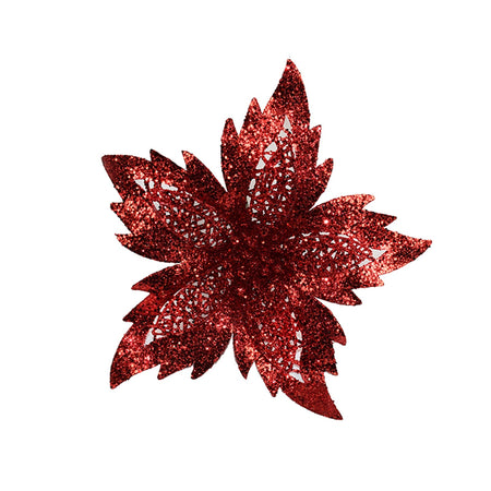 Fiore decorativo natalizio effetto brillantinato con stelo per alberi e ghirlande h 27 cm