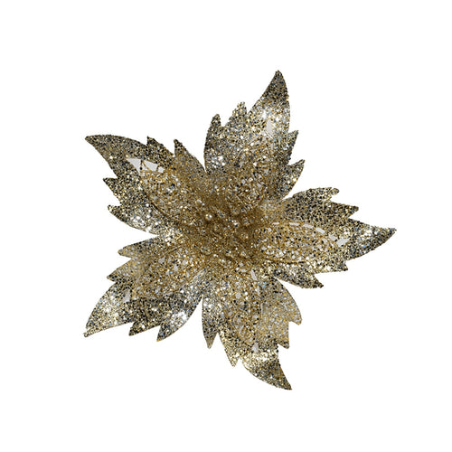 Fiore decorativo natalizio effetto brillantinato con stelo per alberi e ghirlande h 27 cm