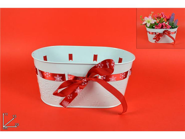 Portapianta metallo rosso/bianco con nastro natalizio.