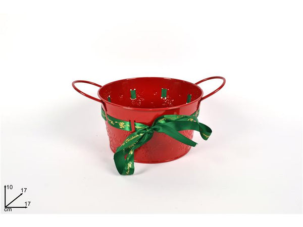 Bacinella metallo bianca/rossa con nastro natalizio.