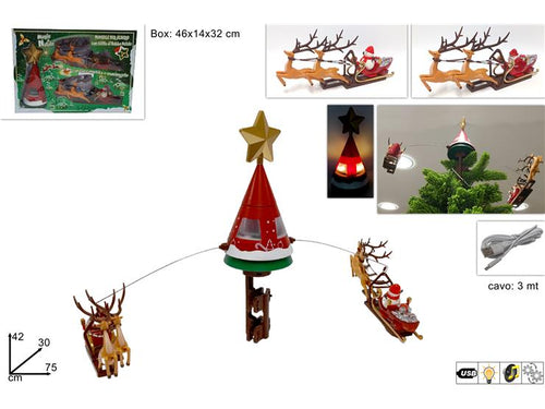 Puntale Albero Slitta di Babbo Natale e Renne con Movimento, Luci, Musica
