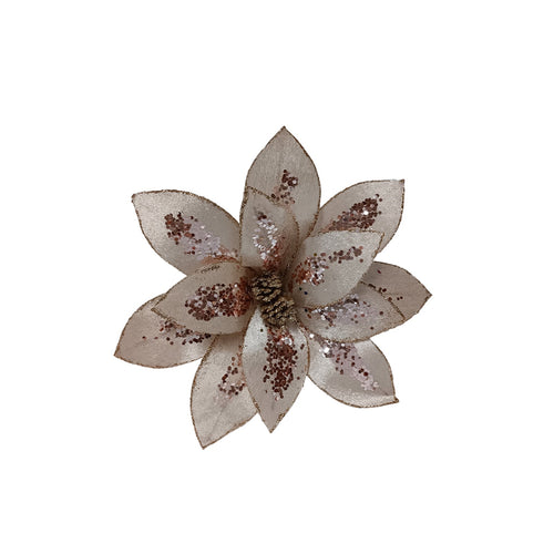 Fiore decorativo natalizio effetto paillettes con stelo per alberi e ghirlande h 27 cm