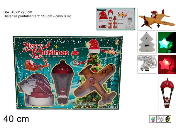 Puntale Albero Mongolfiera Con Aereo Movimento con Luce, Musica e Cavo USB
