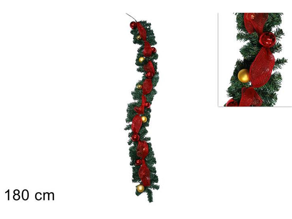 Ghirlanda con Palle e Nastro in Organza 180cm Rosso e Oro