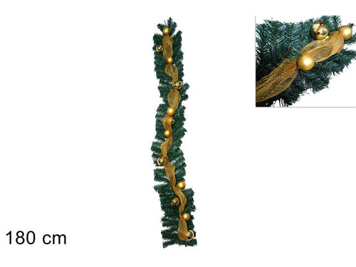 Ghirlanda con Palle e Nastro in Organza 180cm Oro