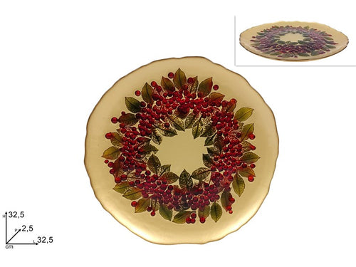 Centrotavola Vetro 32,5cm Oro con Bacche e Foglie