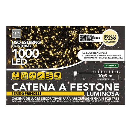 1000 Led Luce Princess Colore Bianco Caldo a Spina, da Esterno con 8 Giochi e Memoria