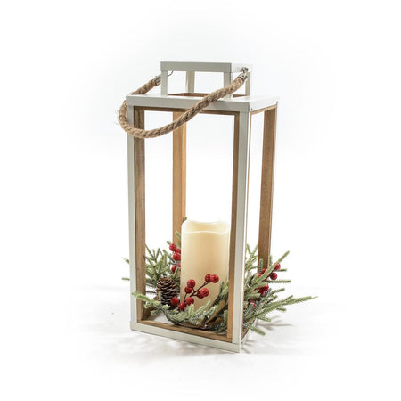 Lanterna in metallo con decorazione rami e bacche, candela con luci a LED