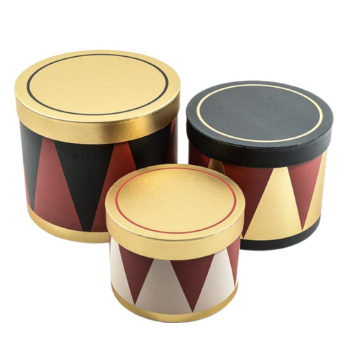 Set di 3 scatole tonde in carta, color oro, verde e rosso, per confezioni regalo