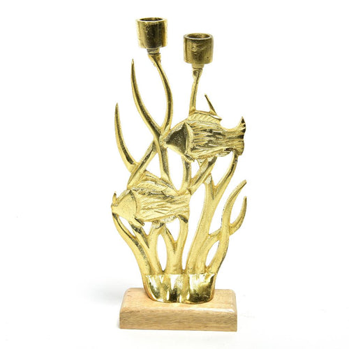 Portacandela Corallo 2 Fuochi in Alluminio Oro e Legno H33x15x5.5cm