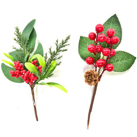 Rametto natalizio con bacche rosse e foglie decorative h 21 cm