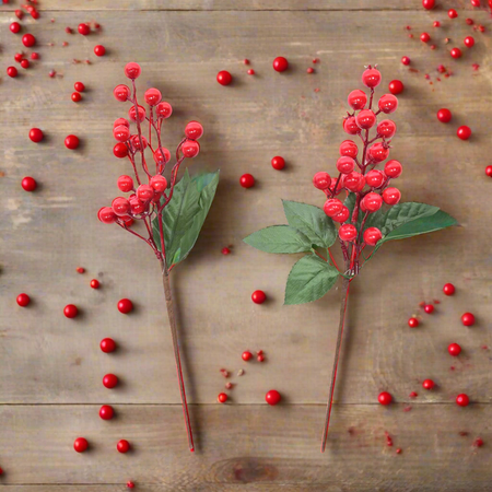 Rametto decorativo natalizio con bacche rosse e foglie decorazioni ambienti h 30 cm