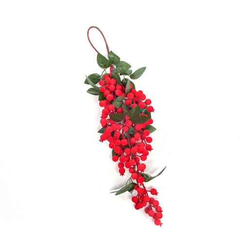 Dietroporta natalizio floccato con bacche colore rosso da appendere h 58 cm
