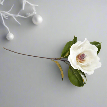 Fiore camelia innevata in tessuto decorazione ambienti h 71 cm