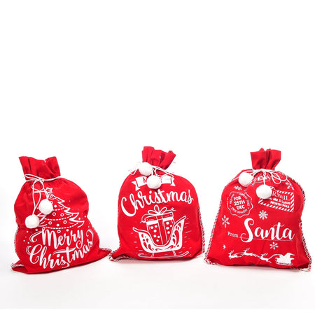 Sacco natalizio in velluto colore rosso e bianco con decorazioni natalizie