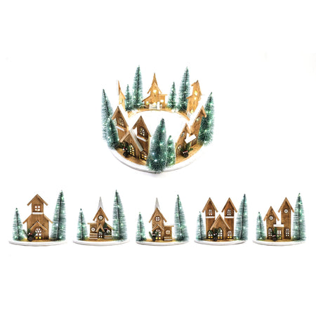 Paesaggio di natale in legno con luci a batteria sott'albero decorativo