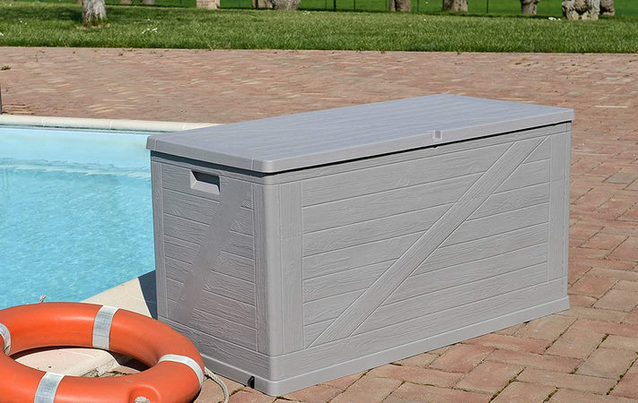 Baule in resina cassapanca multiuso da esterno con ruote lt 420 effetto Legno 120 cm