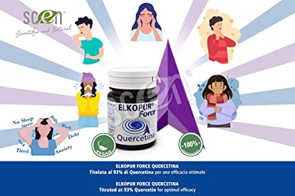 Elkopur Force Quercetina pura, 120 capsule da 500 mg. con 200 mg. di Quercetina titolata 98% in Quercetina, Vegetarian e Vegan ok, Rinforza il sistema immunitario, Antiossidante, prodotto in Italia