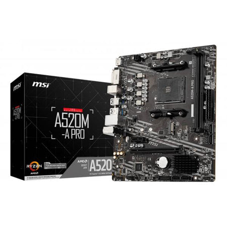 MSI A520M-A PRO è una scheda madre AMD AM4 per prestazioni eccezionali. Supporta processori Ryzen, fino a 64GB di RAM DDR4 e offre connettività avanzata per un sistema potente