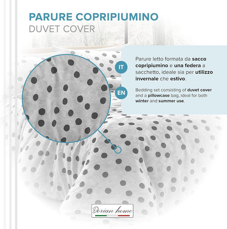 Dorian Home, Parure Copripiumino 1 Piazza e Mezza 200 x 210, Realizzato in 100% Morbido e Puro Cotone, Made in Italy, Fantasia Pois Grigio