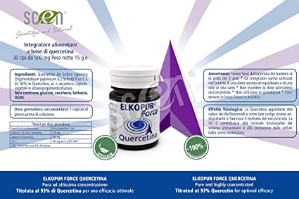 Elkopur Force Quercetina pura, 120 capsule da 500 mg. con 200 mg. di Quercetina titolata 98% in Quercetina, Vegetarian e Vegan ok, Rinforza il sistema immunitario, Antiossidante, prodotto in Italia