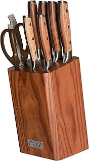 Rockingham Forge Ashwood 8-Piece Wooden Kitchen Knife Set with Grinder and Scissors - Professional Ultra Sharp German Stainless Steel Blades - Durable Full Handle Natural Wood