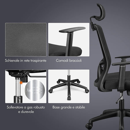 Sedia da ufficio ergonomica "Copenaghen" in tessuto traspirante con ruote