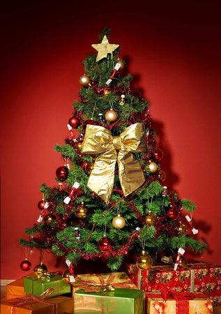 Fiocco in velluto imbottito decorazione natalizia per albero e ghirlanda dietro porta