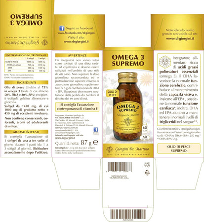 Dr Giorgini OMEGA 3 SUPREMO - 87 g - 60 Softgel Omega3 (integratore di Omega 3 con 700 mg di DHA + EPA per capsula - scorta di 2 mesi)