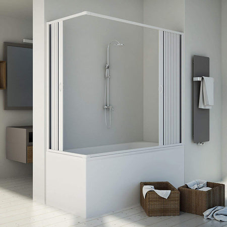 Box sopra vasca angolare "Flex" con fascia larga apertura centrale a soffietto riducibile "Made in Italy"