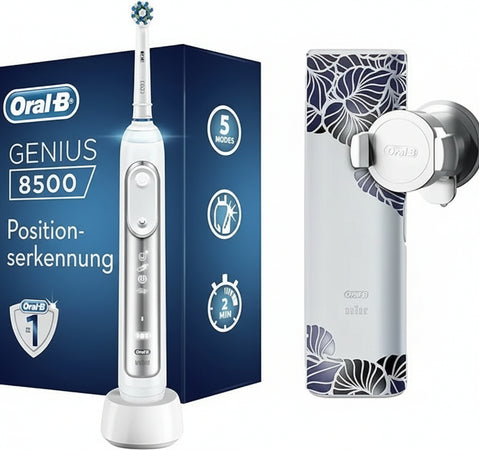 Oral-B Genius 8500 Design Edition Spazzolino Elettrico Ricaricabile, 1 Spazzolino Premium Argento Connesso, 5 Modalit di Spazzolamento Visibili, 1 Testina di Ricambio, 1 Custodia da Viaggio Premium