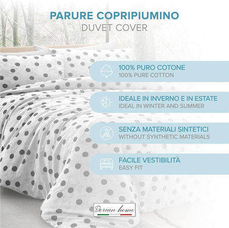 Dorian Home Parure Copripiumino Matrimoniale 250 x 210 cm, Copripiumino Matrimoniale Cotone, Realizzato in 100% Morbido e Puro Cotone, Made In Italy, Fantasia Pois Grigio